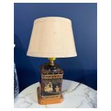 Table Lamp Tin with Chinese Scene - Vintage Fabric Shade Table Lamp Tin with Chinese Scene - Vintage Fabric Shade