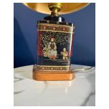 Table Lamp Tin with Chinese Scene - Vintage Fabric Shade Table Lamp Tin with Chinese Scene - Vintage Fabric Shade