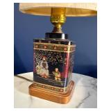 Table Lamp Tin with Chinese Scene - Vintage Fabric Shade Table Lamp Tin with Chinese Scene - Vintage Fabric Shade