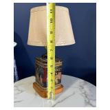 Table Lamp Tin with Chinese Scene - Vintage Fabric Shade Table Lamp Tin with Chinese Scene - Vintage Fabric Shade