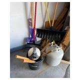 Garage Tools & Garden Equipment - Shovels, Rakes, Brooms, Propane Tank, Shelving Unit
