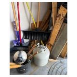 Garage Tools & Garden Equipment - Shovels, Rakes, Brooms, Propane Tank, Shelving Unit