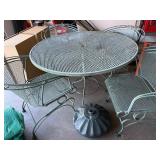 Vintage Metal Patio Table Set - Round Mesh Table with Umbrella Hole, 4 Metal Chairs, Green Finish