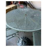 Vintage Metal Patio Table Set - Round Mesh Table with Umbrella Hole, 4 Metal Chairs, Green Finish