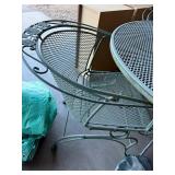 Vintage Metal Patio Table Set - Round Mesh Table with Umbrella Hole, 4 Metal Chairs, Green Finish
