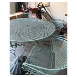 Vintage Metal Patio Table Set - Round Mesh Table with Umbrella Hole, 4 Metal Chairs, Green Finish