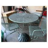 Vintage Metal Patio Table Set - Round Mesh Table with Umbrella Hole, 4 Metal Chairs, Green Finish