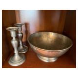 Stieff Williamsburg Pewter Bowl w/ Royal Holland Candlesticks Lot Stieff Williamsburg Pewter Bowl w/ Royal Holland Candlesticks Lot