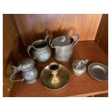 Antique Vintage Pewter Tableware Lot Tankard Pitchers Plate Brass Stick Antique Vintage Pewter Tableware Lot Tankard Pitchers Plate Brass Stick