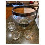 Vintage Glass Punch Bowl Set w Cups Storage Case Smoked Trim Vintage Glass Punch Bowl Set w Cups Storage Case Smoked Trim