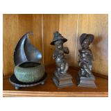 Vintage Bronze Metal Cherub Figural Bookends & Bowl Centerpiece 3 Pc Lot