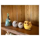 Vintage Enameled Bird Bell & Small Bird Figurines Decor Lot of 4