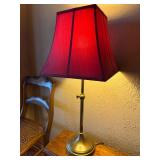 Brass Tone Table Lamp w/ Red Fabric Shade Approx 30 in Tested