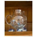 Vintage Etched Floral Clear Glass Pitcher Round Water Lemonade Jug
