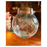 Vintage Etched Floral Clear Glass Pitcher Round Water Lemonade Jug