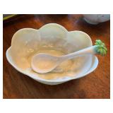 Belleek Ireland Porcelain Condiment Bowl w Spoon Floral Finial