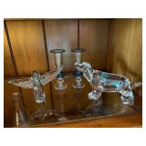 Mixed Vintage Art Glass Lot Elephant Bowl Candlesticks Bird Figurine