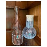 3 Pc Decorative Art Glass Bottle Decanter Tumbler Lot Blue Clear