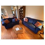 Blue Upholstered Sofa & Loveseat Set w/ Contrast Piping, Used