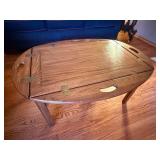 Vintage Oval Oak Folding Coffee Table w Handles Brass Hinges