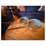 Pair Antique Hammered Copper Pans w Iron Handles Tin Lined 10in