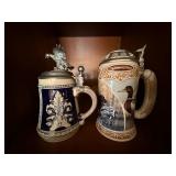 Pair of Lidded Ceramic Beer Steins Eagle Finial & Sporting Breeds