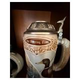 Pair of Lidded Ceramic Beer Steins Eagle Finial & Sporting Breeds