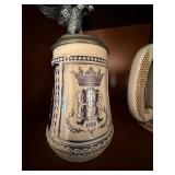 Pair of Lidded Ceramic Beer Steins Eagle Finial & Sporting Breeds