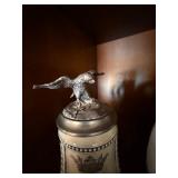 Pair of Lidded Ceramic Beer Steins Eagle Finial & Sporting Breeds