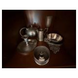 Mixed Pewter Tableware Lot Teapot Goblet Bowl Candlestick 6 Pc