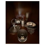 Mixed Pewter Tableware Lot Teapot Goblet Bowl Candlestick 6 Pc