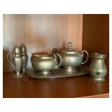 Vintage Pewter Tableware Lot Creamer Sugar Tray Shakers Vase 6 Pc Vintage Pewter Tableware Lot Creamer Sugar Tray Shakers Vase 6 Pc