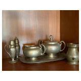 Vintage Pewter Tableware Lot Creamer Sugar Tray Shakers Vase 6 Pc Vintage Pewter Tableware Lot Creamer Sugar Tray Shakers Vase 6 Pc