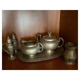 Vintage Pewter Tableware Lot Creamer Sugar Tray Shakers Vase 6 Pc Vintage Pewter Tableware Lot Creamer Sugar Tray Shakers Vase 6 Pc
