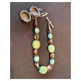 Handmade Beaded Bracelet Turquoise Amber Glass Silver Locket Clasp 8in