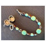 Handmade Beaded Bracelet Turquoise Amber Glass Silver Locket Clasp 8in