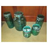 5 Green glass sealing containers...