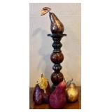 LR - Two Candle Holders: 20in Pear-Top & Lattice Wood Stands, Faux Fruit & Love Sign Decor