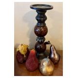 LR - Two Candle Holders: 20in Pear-Top & Lattice Wood Stands, Faux Fruit & Love Sign Decor