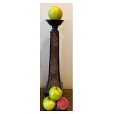 LR - Two Candle Holders: 20in Pear-Top & Lattice Wood Stands, Faux Fruit & Love Sign Decor