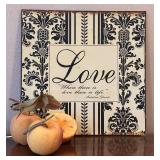 LR - Two Candle Holders: 20in Pear-Top & Lattice Wood Stands, Faux Fruit & Love Sign Decor