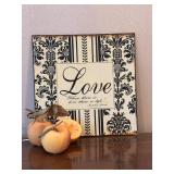 LR - Two Candle Holders: 20in Pear-Top & Lattice Wood Stands, Faux Fruit & Love Sign Decor