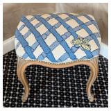 MB - Vintage Ottoman Footstool - Blue Cream Lattice Upholstery & Nailhead Trim