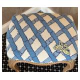 MB - Vintage Ottoman Footstool - Blue Cream Lattice Upholstery & Nailhead Trim