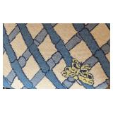 MB - Vintage Ottoman Footstool - Blue Cream Lattice Upholstery & Nailhead Trim