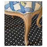 MB - Vintage Ottoman Footstool - Blue Cream Lattice Upholstery & Nailhead Trim