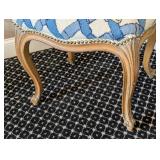 MB - Vintage Ottoman Footstool - Blue Cream Lattice Upholstery & Nailhead Trim