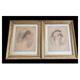 MB - Vintage Pair of Framed Oval Portrait Prints - 21 x 25 in Gilt Wood Frames