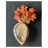 MB - Vintage Fabrice Paris Brooch - Coral Branch with Abalone Shell Cameo