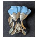 MB - Vintage Fabrice Paris Floral Brooch - Blue Enamel Petals with Silver Leaves